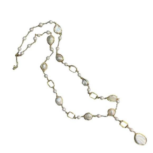 14k E Plated yellow gold Adjustable FWC Pearl wire wrapped Y Necklace 24” to 26” - Picture 4 of 5